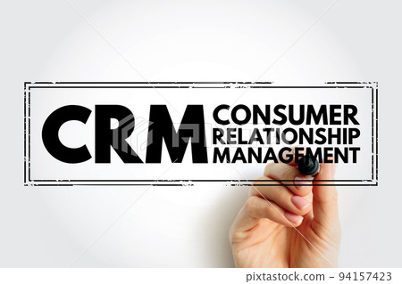 CRM Consumer Relationship Management - combination of practices, strategies and technologies that companies use to manage and analyze customer interactions, acronym text stamp 94157423