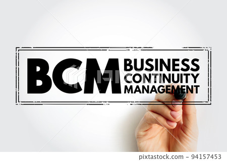 BCM Business Continuity Management - framework for identifying an organization's risk of exposure to internal and external threats, acronym text stamp concept background 94157453