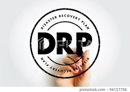DRP Disaster Recovery Plan - document created by an organization that contains detailed instructions on how to respond to unplanned incidents, acronym text stamp concept background 94157786