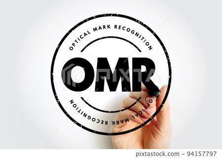 OMR Optical Mark Recognition - process of reading information that people mark on surveys, tests and other paper documents, acronym text stamp concept background 94157797