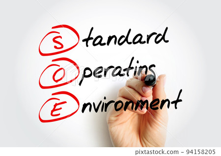 SOE - Standard Operating Environment is a standard implementation of an operating system and its associated software, acronym text concept with marker 94158205