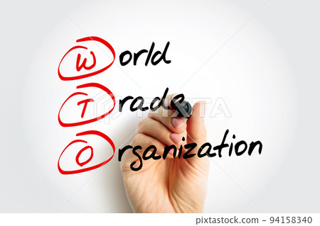 WTO World Trade Organization - intergovernmental organization that regulates and facilitates international trade between nations, acronym text with marker 94158340