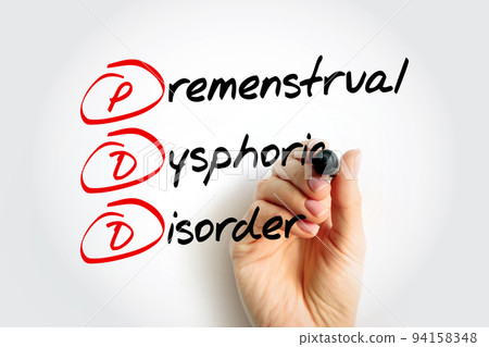 PDD Premenstrual Dysphoric Disorder - mood disorder characterized by emotional, cognitive, and physical symptoms during the luteal phase of the menstrual cycle, acronym text with marker PDD Premenstrual Dysphoric Disorder - mood disorder characterized by emotional, cognitive, and physical symptoms during the luteal phase of the menstrual cycle, acronym text with marker 94158348