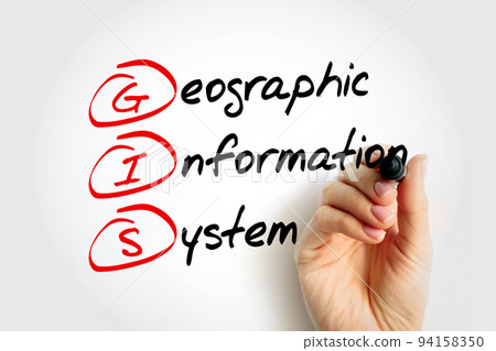GIS Geographic Information System - type of database containing geographic data with software tools for managing, analyzing, and visualizing those data, acronym text with marker 94158350