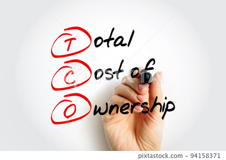 TCO Total Cost of Ownership - purchase price of an asset plus the costs of operation, acronym text with marker 94158371