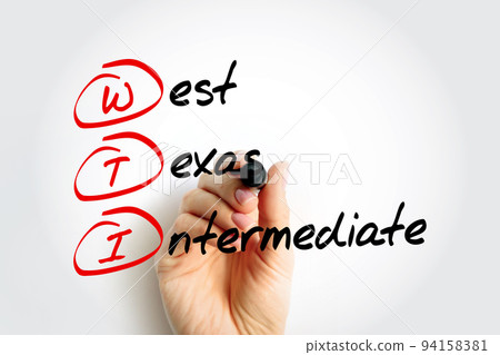 WTI West Texas Intermediate - light, sweet crude oil that serves as one of the main global oil benchmarks, acronym text with marker 94158381