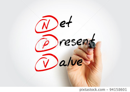NPV Net Present Value - the cash flows at the required rate of return of your project compared to your initial investment, acronym text concept background 94158601