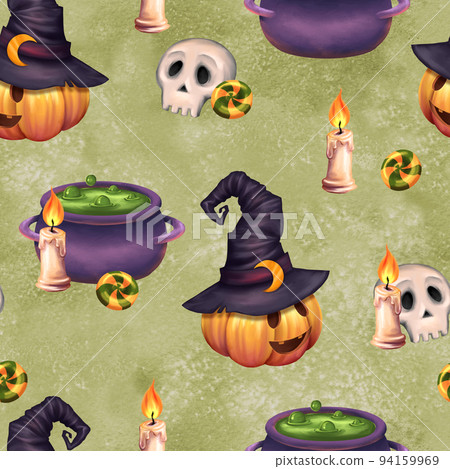 Halloween seamless pattern with pumpkins, skulls, candles and potion. Halloween seamless pattern with pumpkins, skulls, candles and potion. 94159969