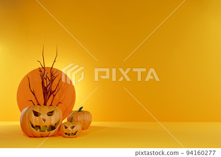 Three halloween pumpkin on a yellow background. 3d illustration Three halloween pumpkin on a yellow background. 3d illustration 94160277