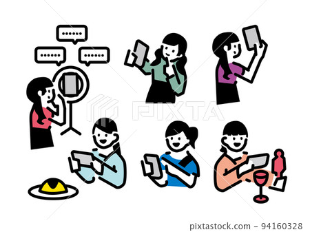 A simple illustration set of a woman who makes a living with a smartphone A simple illustration set of a woman who makes a living with a smartphone 94160328