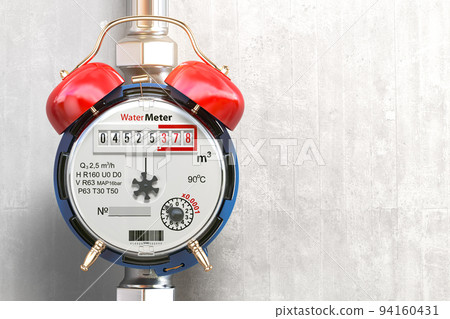 Water meter wiith alarm clock. Time to pay utility bills and debt for water consumption concept. 94160431
