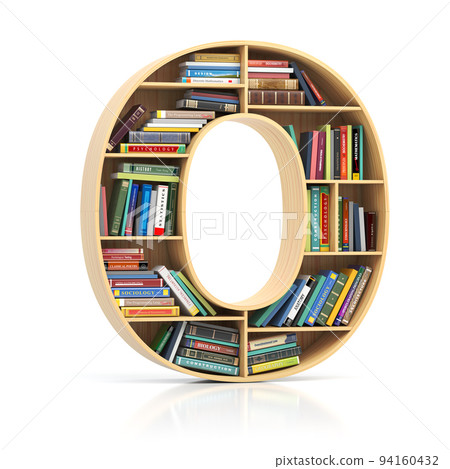 Letter O in form of bookshelf with book and texbooks. Educational and learning conceptual font and alphabet. 94160432