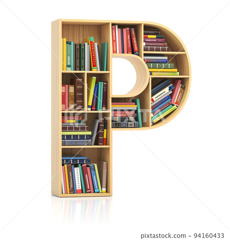 Letter P in form of bookshelf with book and texbooks. Educational and learning conceptual font and alphabet. 94160433