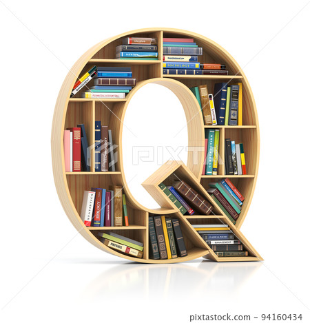 Letter Q in form of bookshelf with book and texbooks. Educational and learning conceptual font and alphabet. 94160434