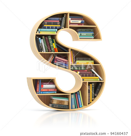 Letter S in form of bookshelf with book and texbooks. Educational and learning conceptual font and alphabet. 94160437
