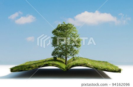 Open book with grass field and tree inside book 94162096