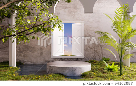 loft podium with loft wall style with white opened door with sunset 94162097