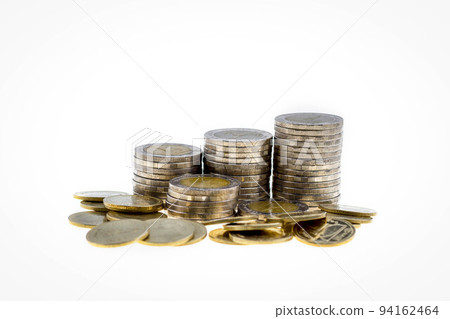 Close up stack of coin on white background and business or finance saving money 94162464