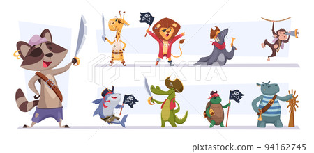Pirate animals. Cute funny cartoon sailors animals in pirate costumes with weapons exact vector pictures set isolated 94162745