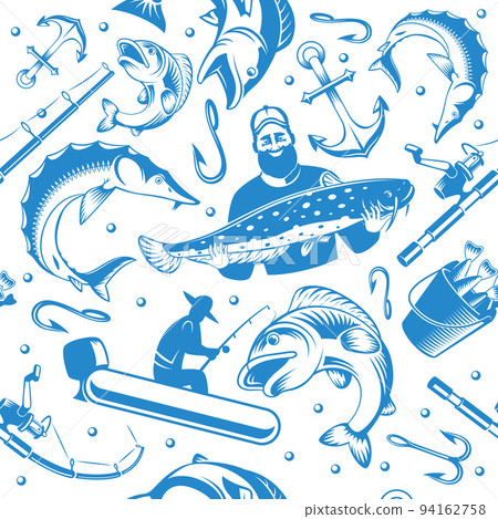 Fishing pattern. Active hobby wild river or ocean fishes hunters with fishing rod swanky vector seamless monochrome background Fishing pattern. Active hobby wild river or ocean fishes hunters with fishing rod swanky vector seamless monochrome background 94162758