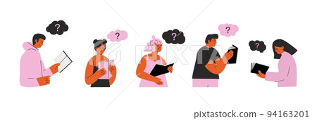 Students reading book and looking answers. Young adults men and women hold books. Vector concept of literature and self education flat characters Students reading book and looking answers. Young adults men and women hold books. Vector concept of literature and self education flat characters 94163201