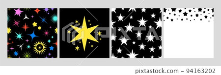Shine stars seamless pattern. Brutalism design, neon star shapes cards and banner. Decorative vector prints, trendy backgrounds Shine stars seamless pattern. Brutalism design, neon star shapes cards and banner. Decorative vector prints, trendy backgrounds 94163202