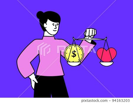 Problem of choice between money and feeling. Woman hold pink heart and golden coin on scales. Business or family vector concept, choose your lifestyle 94163203