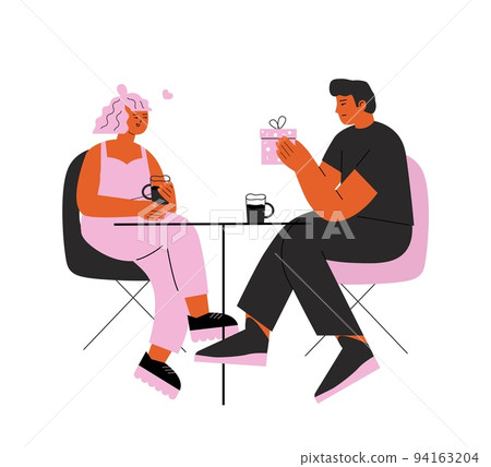 People in cafe drink coffee. Young adults on dating, sitting at desk with cups. Man give gift girl. Flat stylish students or teens vector characters People in cafe drink coffee. Young adults on dating, sitting at desk with cups. Man give gift girl. Flat stylish students or teens vector characters 94163204