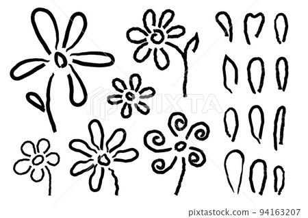 Grunge brush stroke flowers, abstract daisy and chamomile. Pencil imitation petals, nature floral black vector elements for background, stickers, patterns 94163207