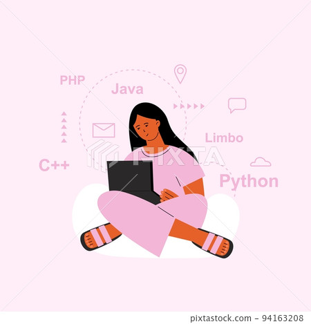 Geek with notebook, teen girl programming or learning web language. Young woman coding, study or development. Vector female IT worker character 94163208