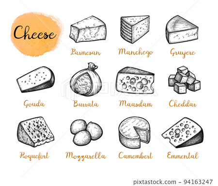 Cheese ink drawings set. 94163247