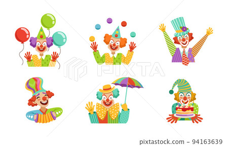 Funny Clown with Makeup-face and Flamboyant Costume Performing Comedy Vector Set 94163639