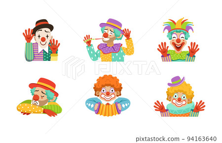 Funny Clown with Makeup-face and Flamboyant Costume Performing Comedy Vector Set 94163640