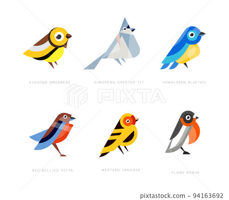 Colorful Stylized Birds Collection with Evening Grosbeak, European Crested Tit, Himalayan Bluetail, Red Bellied Pitta, Western Tanager and Flame Robin Vector Set Colorful Stylized Birds Collection with Evening Grosbeak, European Crested Tit, Himalayan Bluetail, Red Bellied Pitta, Western Tanager and Flame Robin Vector Set 94163692