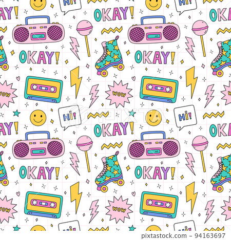 Bright seamless pattern with items from the nineties 94163697