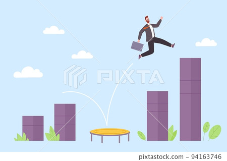 Career bounce. Businessman jump up from springboard financial profit, flying above opportunity recover economic growth confidence power leader grab business job vector illustration 94163746