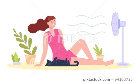 Woman cooling fan. Relaxing girl with pet using electrical fans in heat summer weather of home, fresh air wind on sweat body hot temperature breeze room concept vector illustration Woman cooling fan. Relaxing girl with pet using electrical fans in heat summer weather of home, fresh air wind on sweat body hot temperature breeze room concept vector illustration 94163753