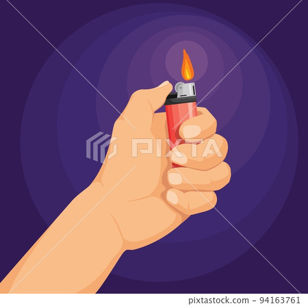 Hand hold lighter. Smoker arm holding lighters for burn fire cigarette or matchstick, pyromaniac man finger light smoke flame using tobacco drug, isolated neat vector illustration Hand hold lighter. Smoker arm holding lighters for burn fire cigarette or matchstick, pyromaniac man finger light smoke flame using tobacco drug, isolated neat vector illustration 94163761