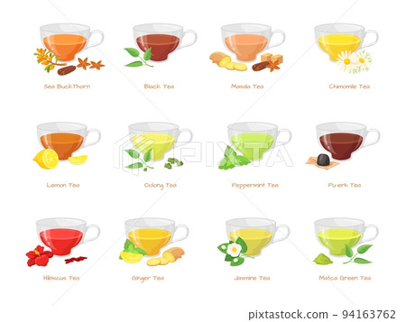 Herbal tea types. Different type green black teas, hot sugar drink in glass cup, flowers jasmin ginger peppermint lemon red hibiscus beverage spice taste, neat vector illustration Herbal tea types. Different type green black teas, hot sugar drink in glass cup, flowers jasmin ginger peppermint lemon red hibiscus beverage spice taste, neat vector illustration 94163762