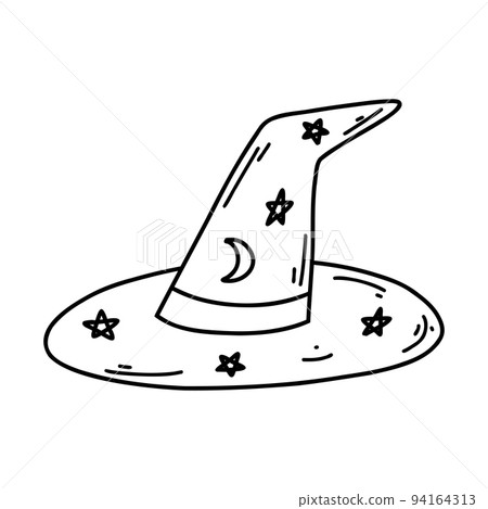 Hand drawn doodle wizard hat. Halloween cartoon element, vector sketch illustration of witch hat, line art for web design, icon, print, coloring page 94164313