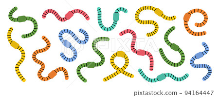 Set of colored curled earthworms. Compost earthworms line illustration. Terrestrial annelids worms. Invertebrate worms colored line banner. 94164447