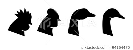 Farm birds head set. Duck, Chicken, Rooster, Goose head silhouettes. Farm animal black icons isolated on white background. 94164470