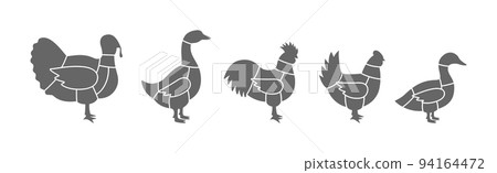 Farm birds scheme cuts. Turkey, Chicken, Rooster, Duck, Goose cuts of meats. Meat cut diagram illustration isolated on white background. Farm birds scheme cuts. Turkey, Chicken, Rooster, Duck, Goose cuts of meats. Meat cut diagram illustration isolated on white background. 94164472