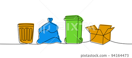 Set of garbage one line colored continuous drawing. Trash can, garbage bag, recycle bin, carton box continuous one line colorful set illustration. Set of garbage one line colored continuous drawing. Trash can, garbage bag, recycle bin, carton box continuous one line colorful set illustration. 94164473