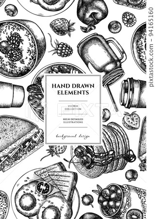 Breakfast pattern card design. Hand drawn sandwich, pancakes, bowl with avocado, porridge with berries, chia pudding, fried eggs, raspberry, blueberry, strawberry, apples, paper cup, smothie jars. Breakfast pattern card design. Hand drawn sandwich, pancakes, bowl with avocado, porridge with berries, chia pudding, fried eggs, raspberry, blueberry, strawberry, apples, paper cup, smothie jars. 94165160