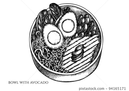 Breakfast vintage vector illustrations collection. Black and white bowl with avocado. 94165171