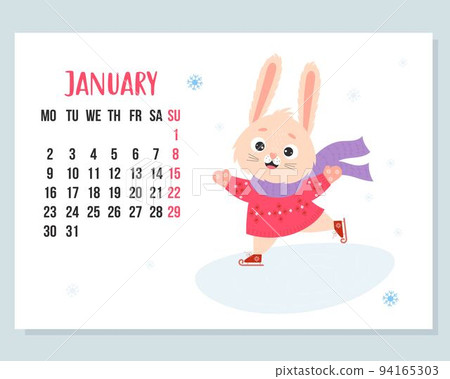 January 2023 calendar. Cute winter bunny in knitted clothes is skating. rabbit is symbol 2023 year to Chinese zodiac. Vector illustration. horizontal Template. Week from Monday In English. January 2023 calendar. Cute winter bunny in knitted clothes is skating. rabbit is symbol 2023 year to Chinese zodiac. Vector illustration. horizontal Template. Week from Monday In English. 94165303
