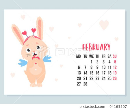 february 2023 calendar. Cute bunny cupid with an heart. rabbit is symbol 2023 year to Chinese zodiac. Vector illustration. horizontal Template. Week from Monday In English. february 2023 calendar. Cute bunny cupid with an heart. rabbit is symbol 2023 year to Chinese zodiac. Vector illustration. horizontal Template. Week from Monday In English. 94165307