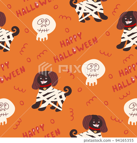 Seamless pattern for Halloween holiday with cute cartoon mummy dog and happy halloween lettering. Childish background for fabric, wrapping paper, textile, wallpaper. Vector Illustration 94165355