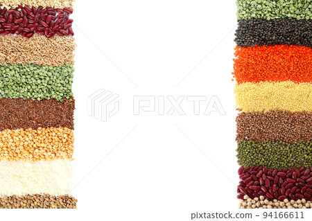 Different grains and cereals on white background, top view Different grains and cereals on white background, top view 94166611